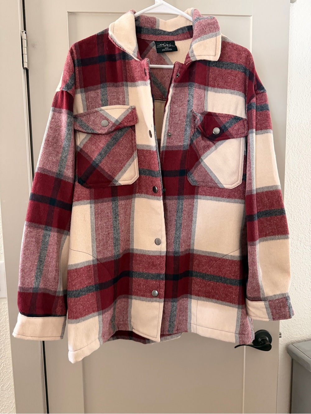 Plaid Utility Shacket Jacket - Red & Cream
